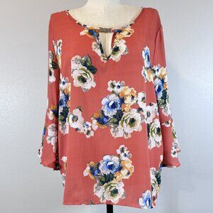 Zenobia Tunic Top Womens Coral Floral Bell Sleeve Boat Neck Tie Closure 3XL NWT